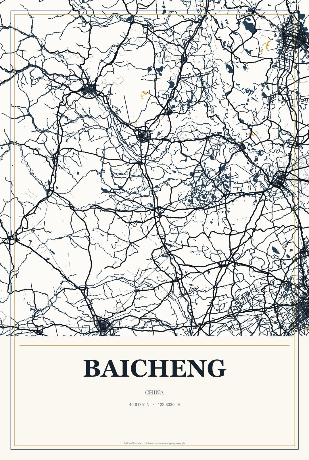Baicheng, Jilin, China City Map Aluminum Sign in Citrine Modern style