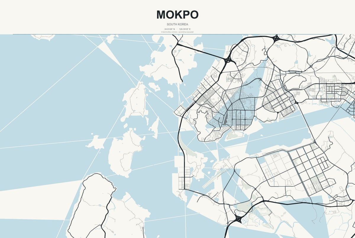 Mokpo, South Korea City Map Aluminum Sign in Headline Atlas style