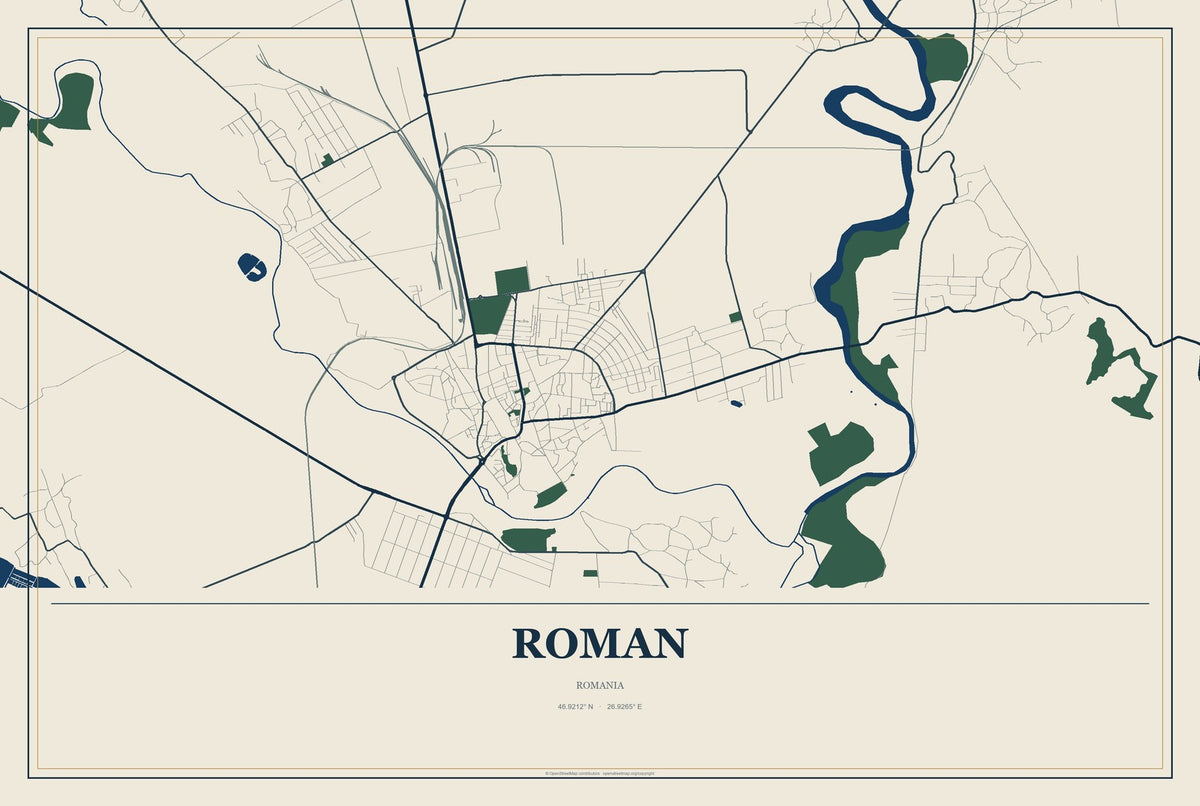 Roman, Romania City Map Aluminum Sign in Coastal Cutout style