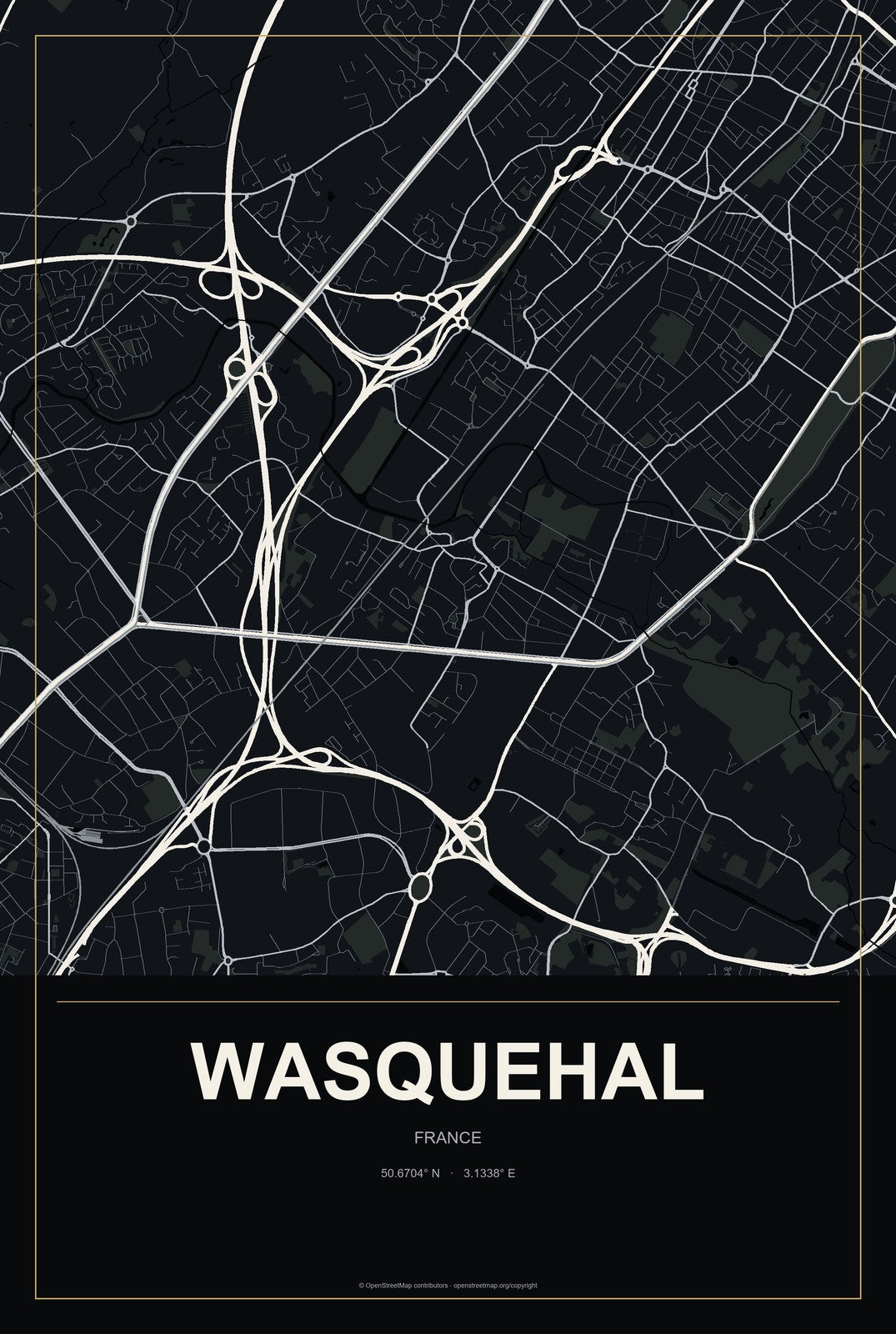 Wasquehal, France City Map Aluminum Sign in Metropolitan Noir style