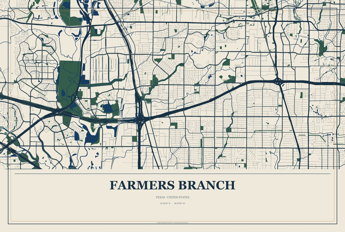 Farmers Branch, Texas City Map Aluminum Sign in Coastal Cutout style