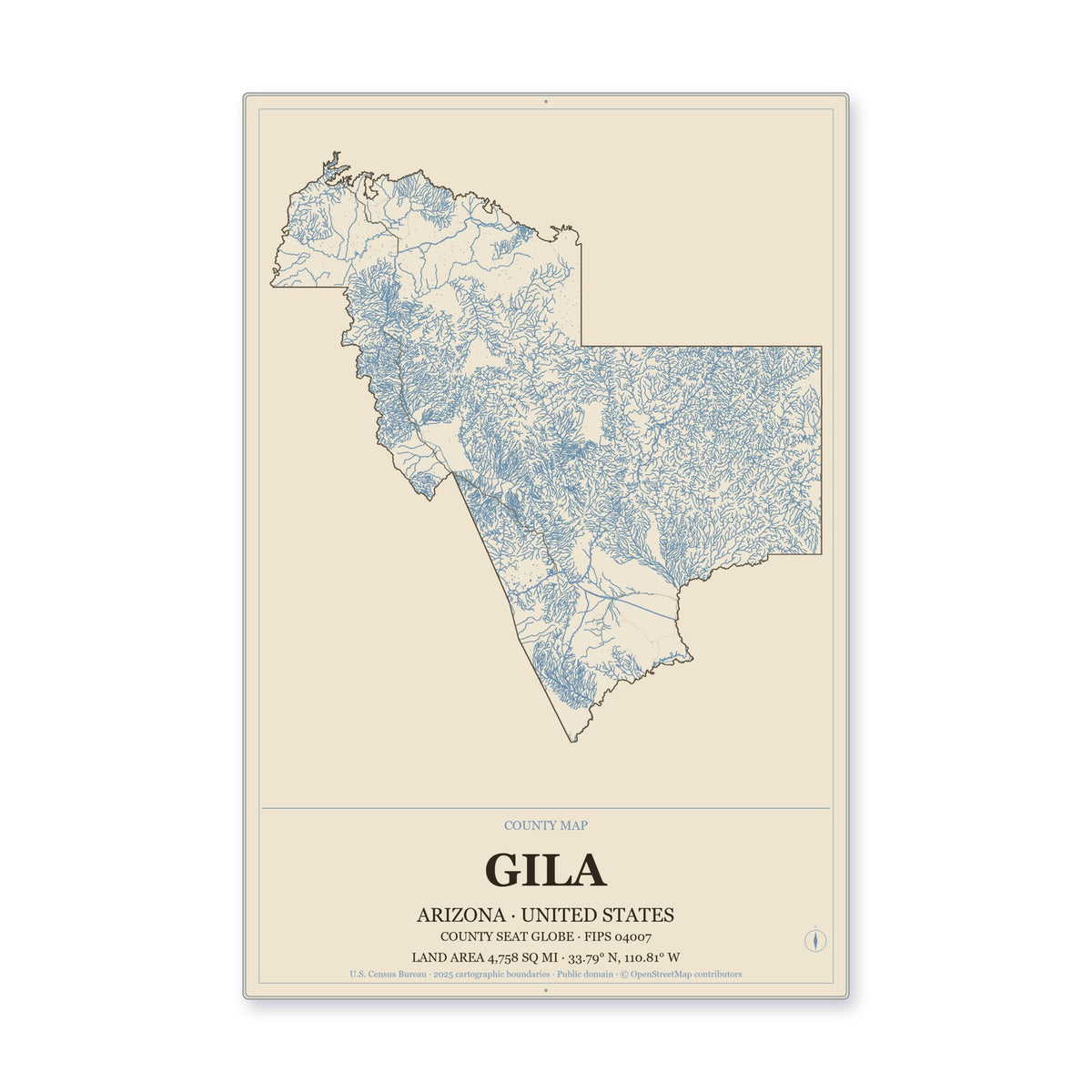Gila County, Arizona Map Aluminum Sign in Heritage Nautical style