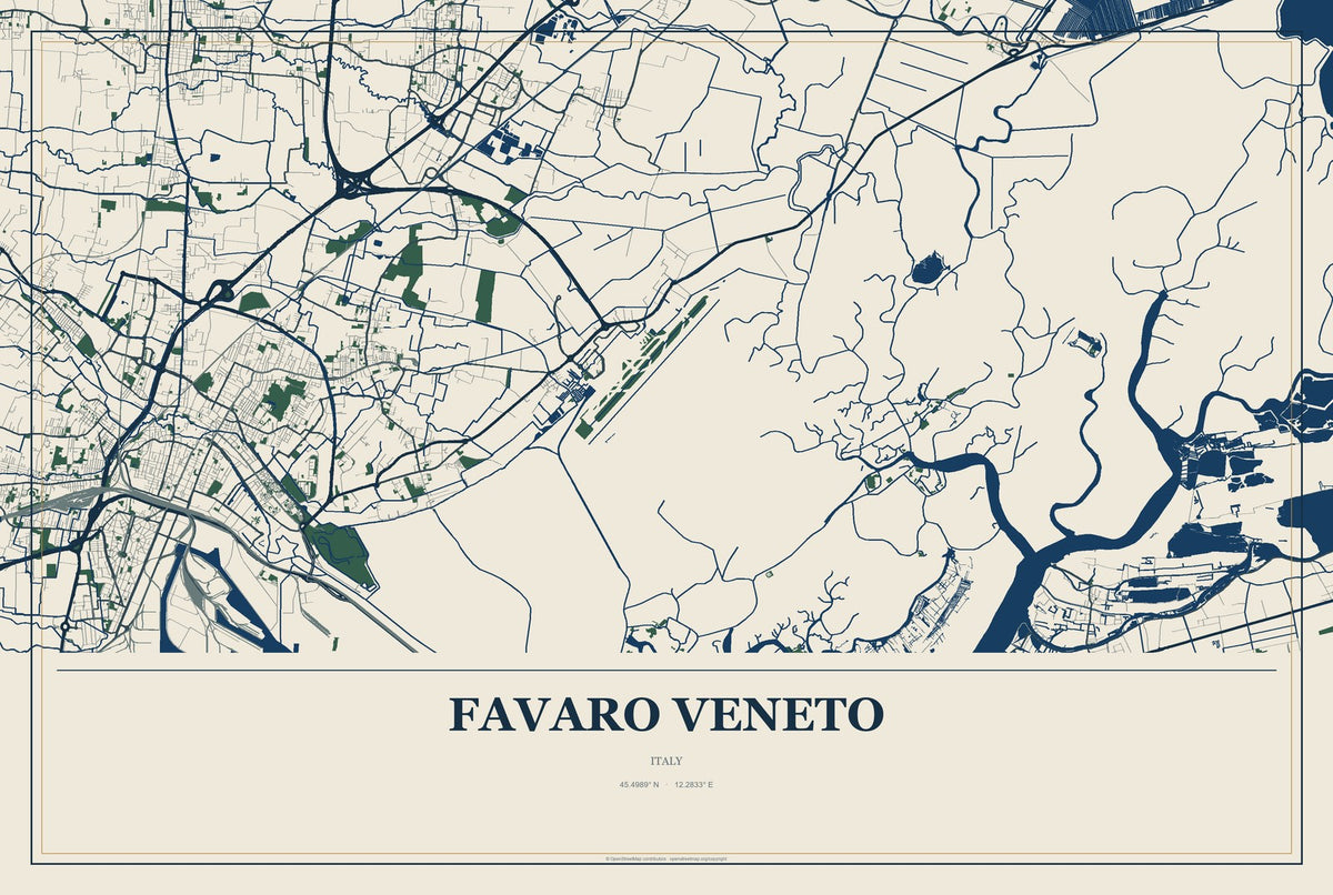Favaro Veneto, Italy City Map Aluminum Sign in Coastal Cutout style