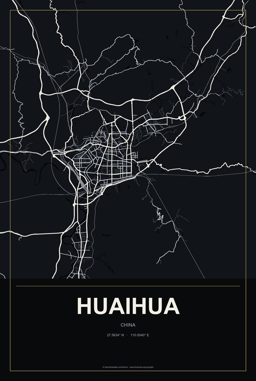 Huaihua, China City Map Aluminum Sign in Metropolitan Noir style