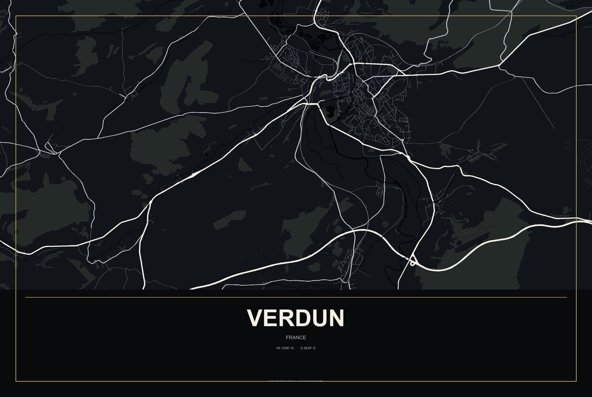 Verdun, France City Map Aluminum Sign in Metropolitan Noir style