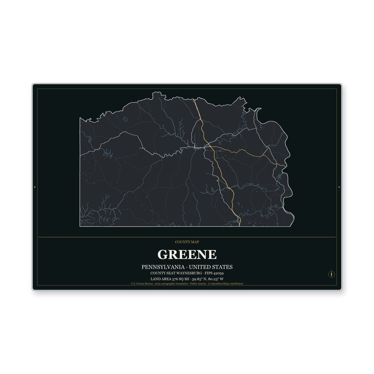 Greene County, Pennsylvania Map Aluminum Sign in Metropolitan Noir style