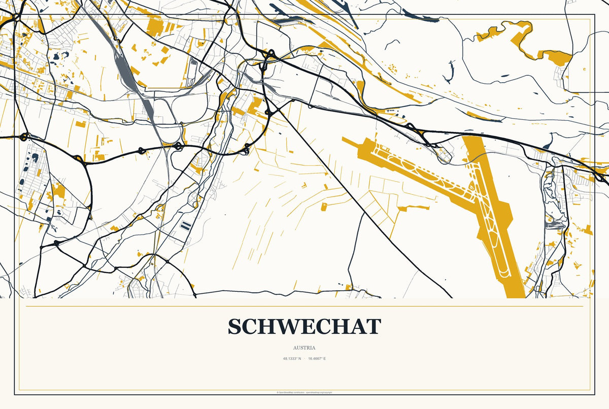 Schwechat, Austria City Map Aluminum Sign in Citrine Modern style