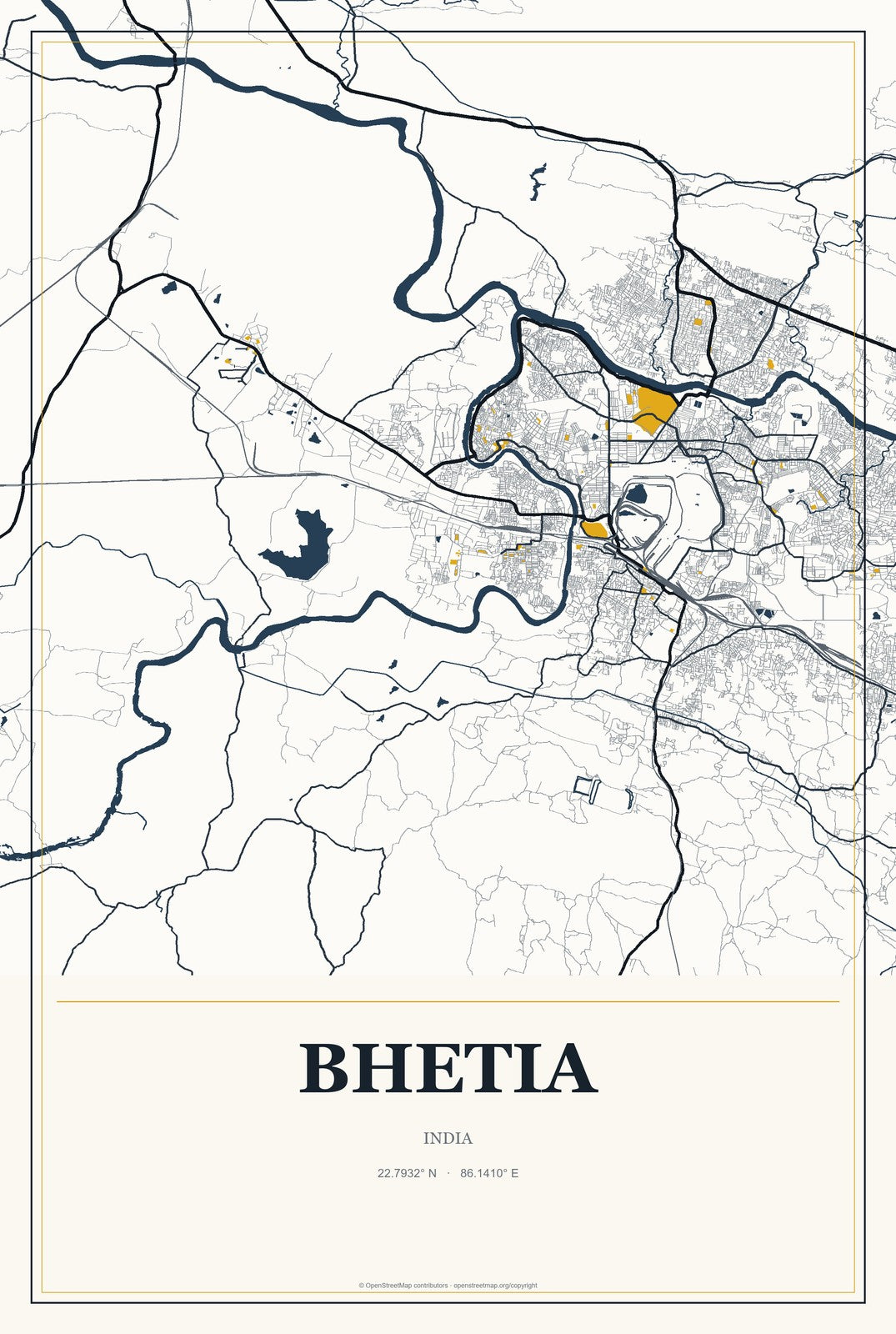 Bhetia, India City Map Aluminum Sign in Citrine Modern style