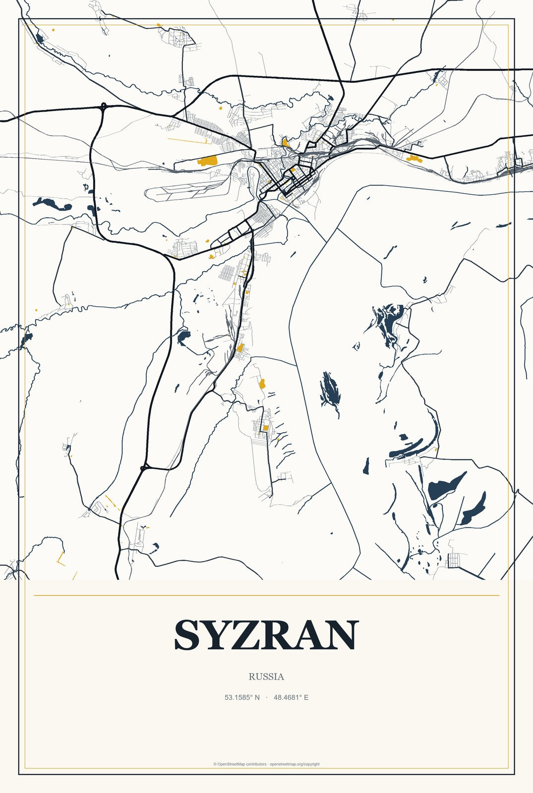 Syzran, Russia City Map Aluminum Sign in Citrine Modern style