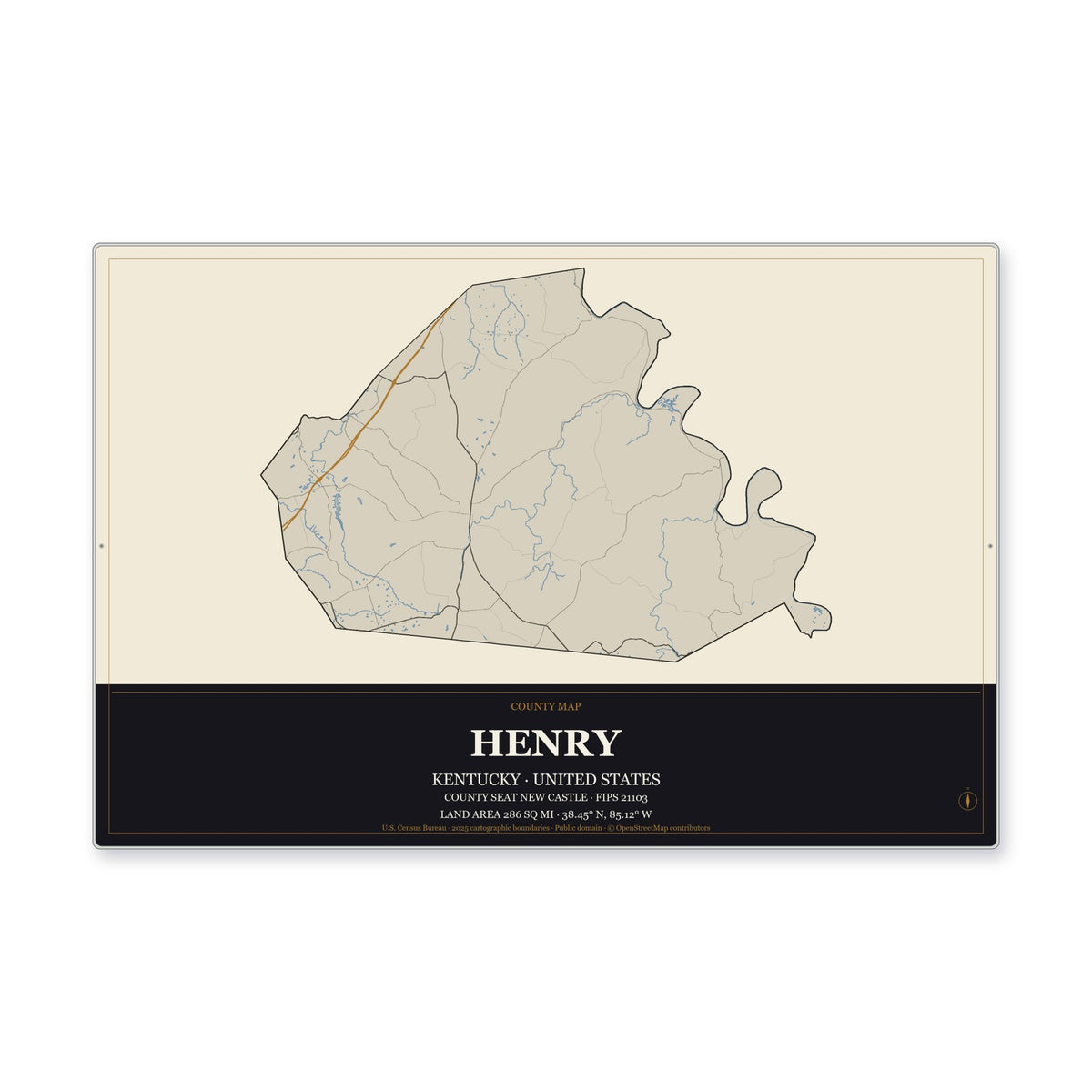 Henry County, Kentucky Map Aluminum Sign in Museum Plaque style