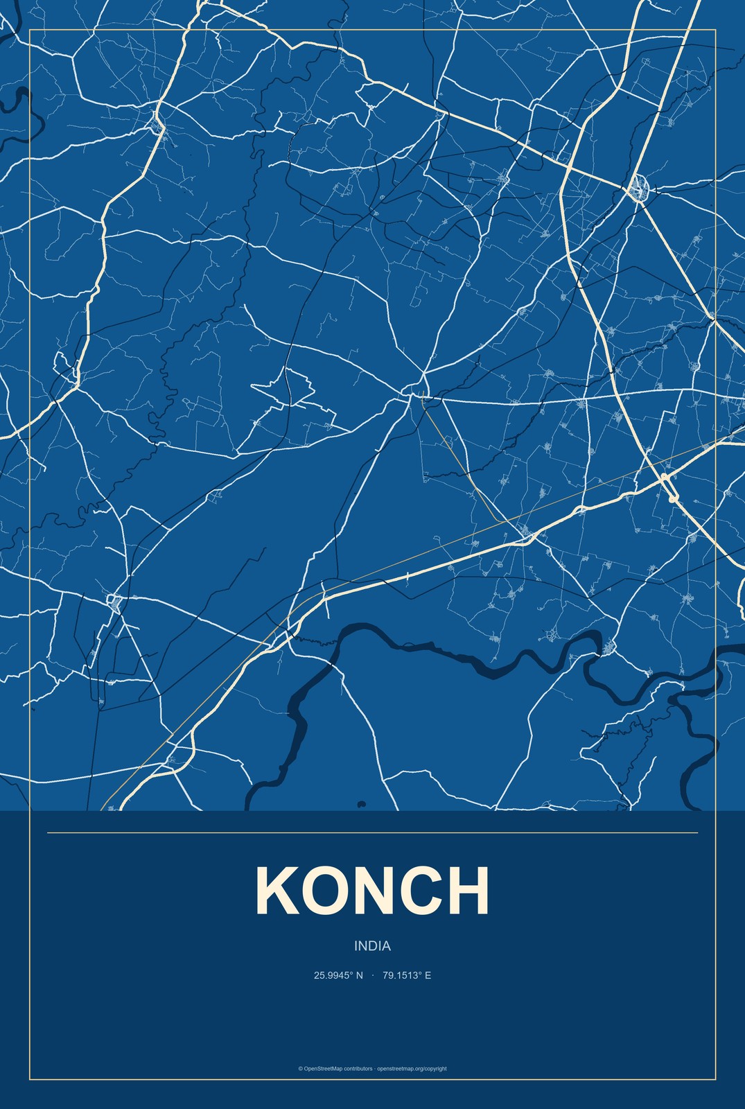 Konch, India City Map Aluminum Sign in Harbor Cobalt style