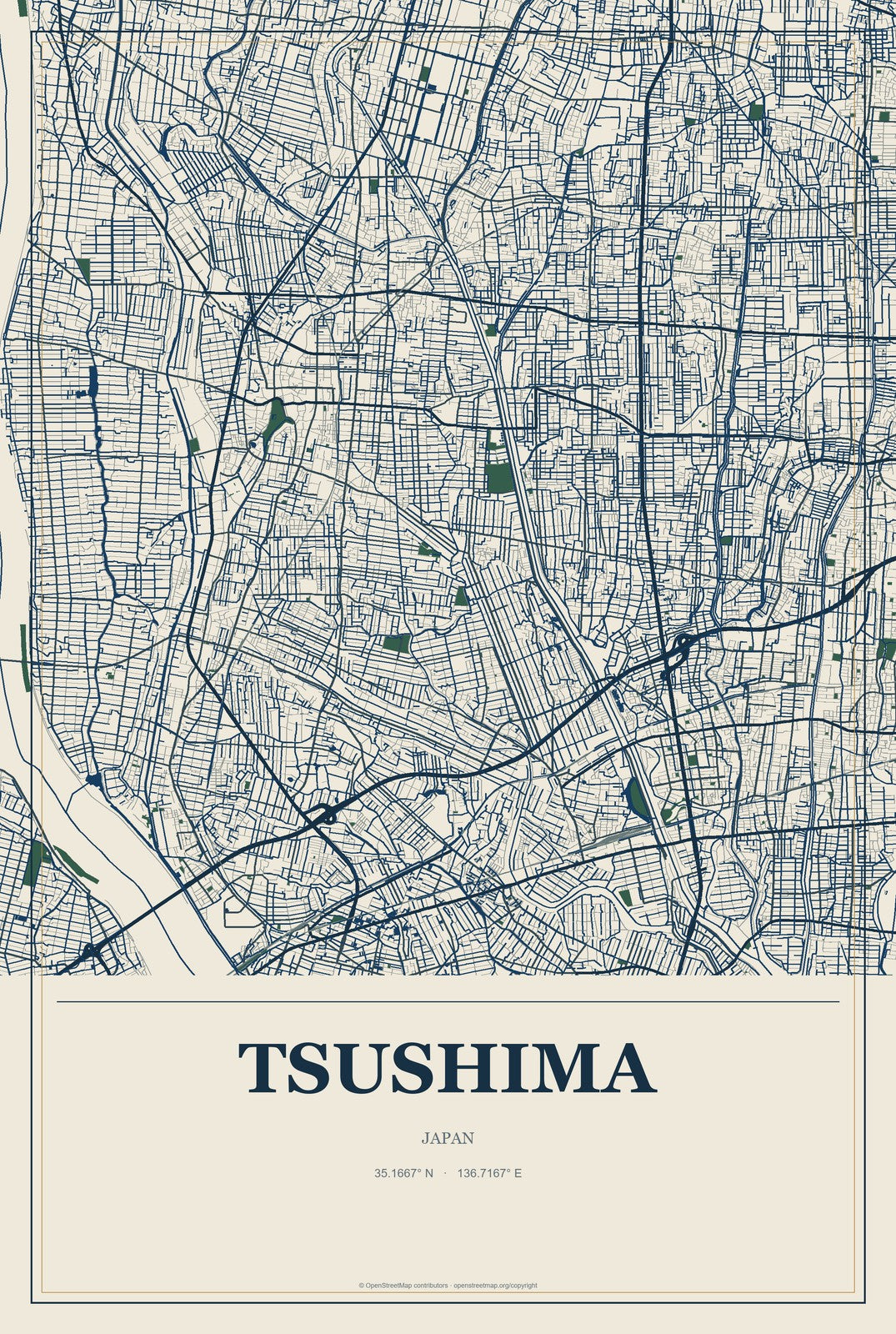 Tsushima, Aichi, Japan City Map Aluminum Sign in Coastal Cutout style