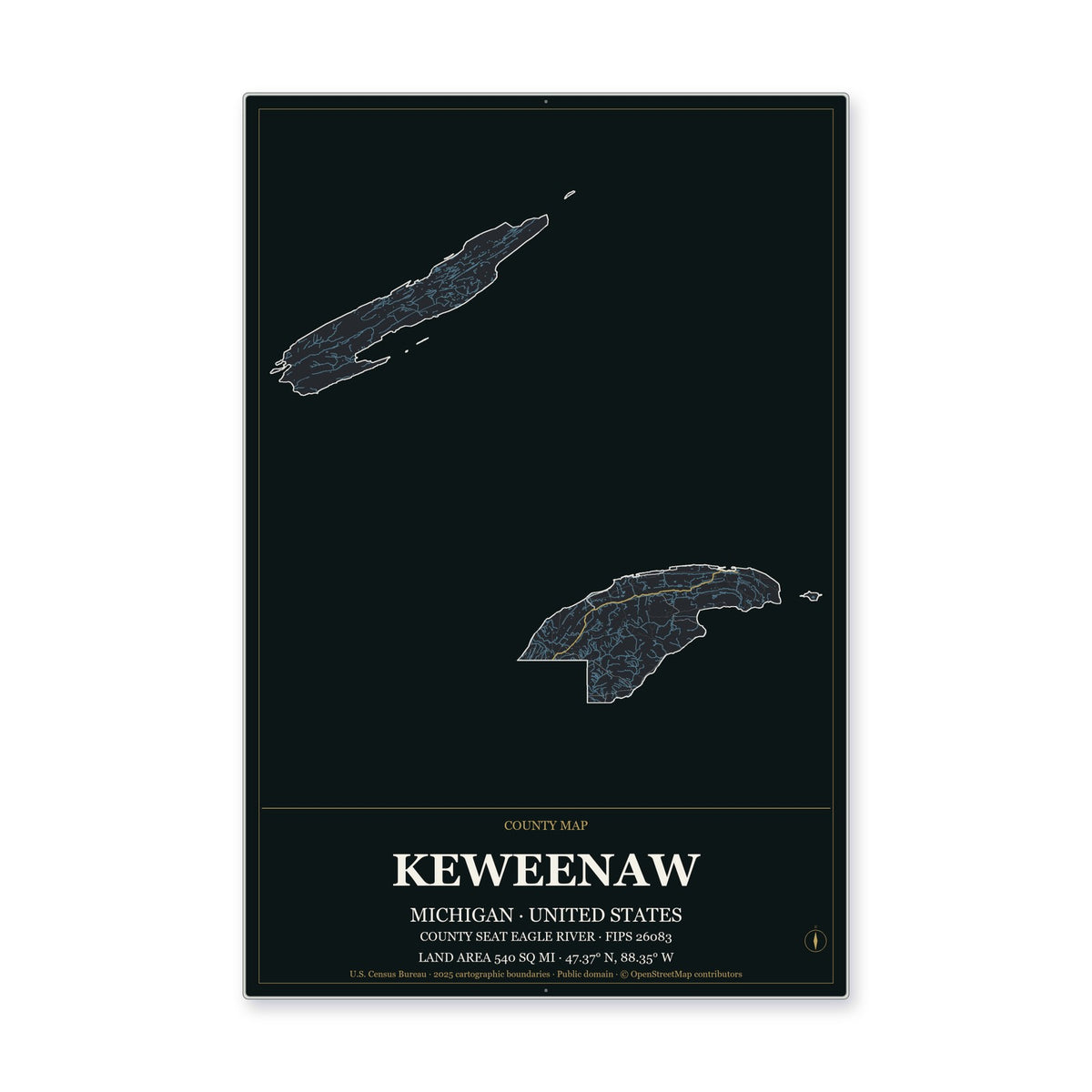 Keweenaw County, Michigan Map Aluminum Sign in Metropolitan Noir style