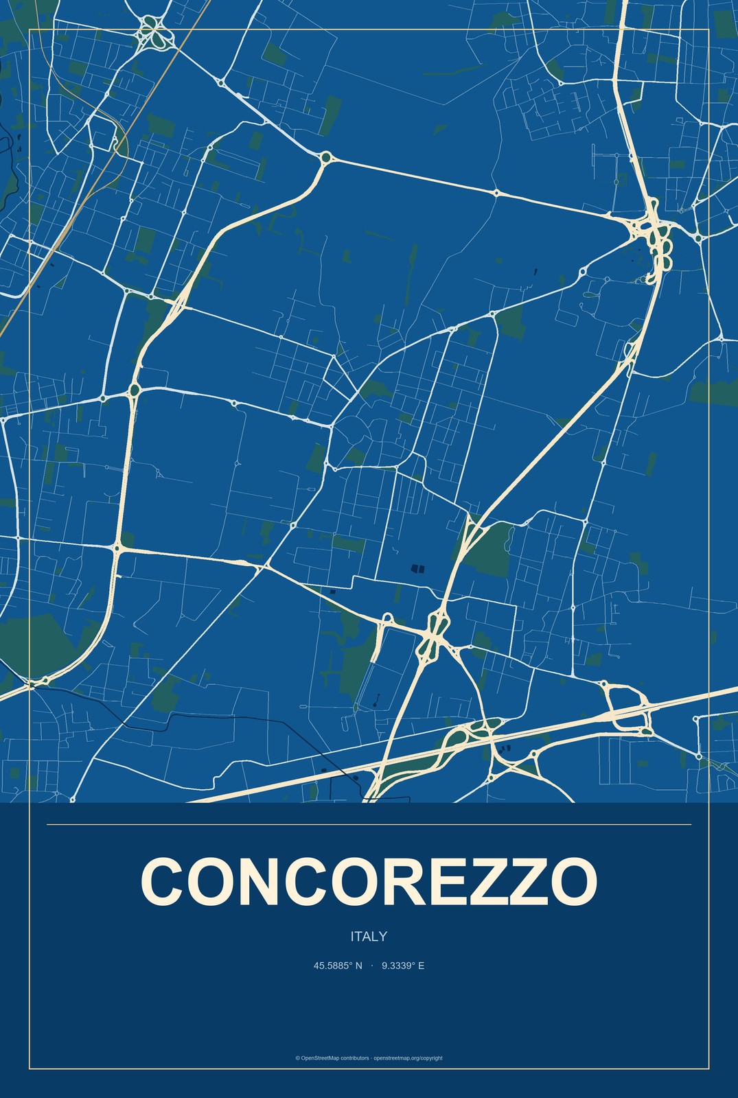 Concorezzo, Italy City Map Aluminum Sign in Harbor Cobalt style