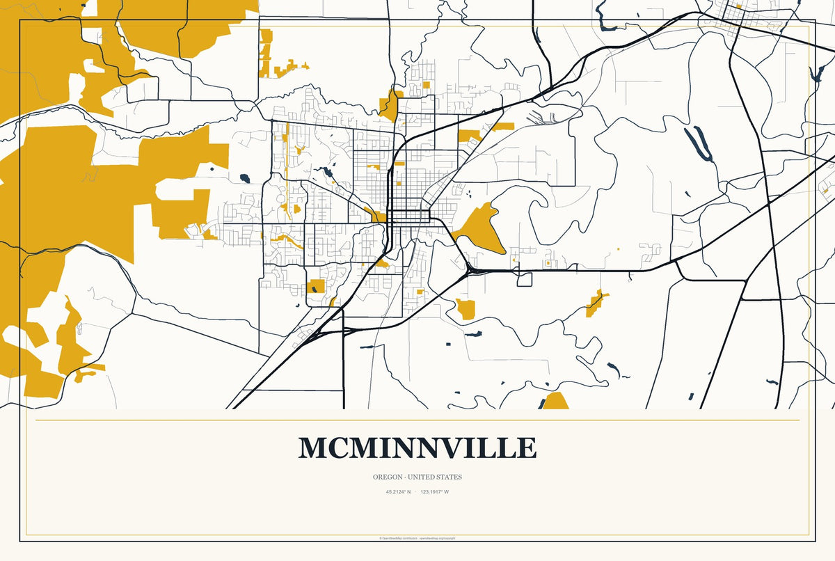 McMinnville, Oregon City Map Aluminum Sign in Citrine Modern style