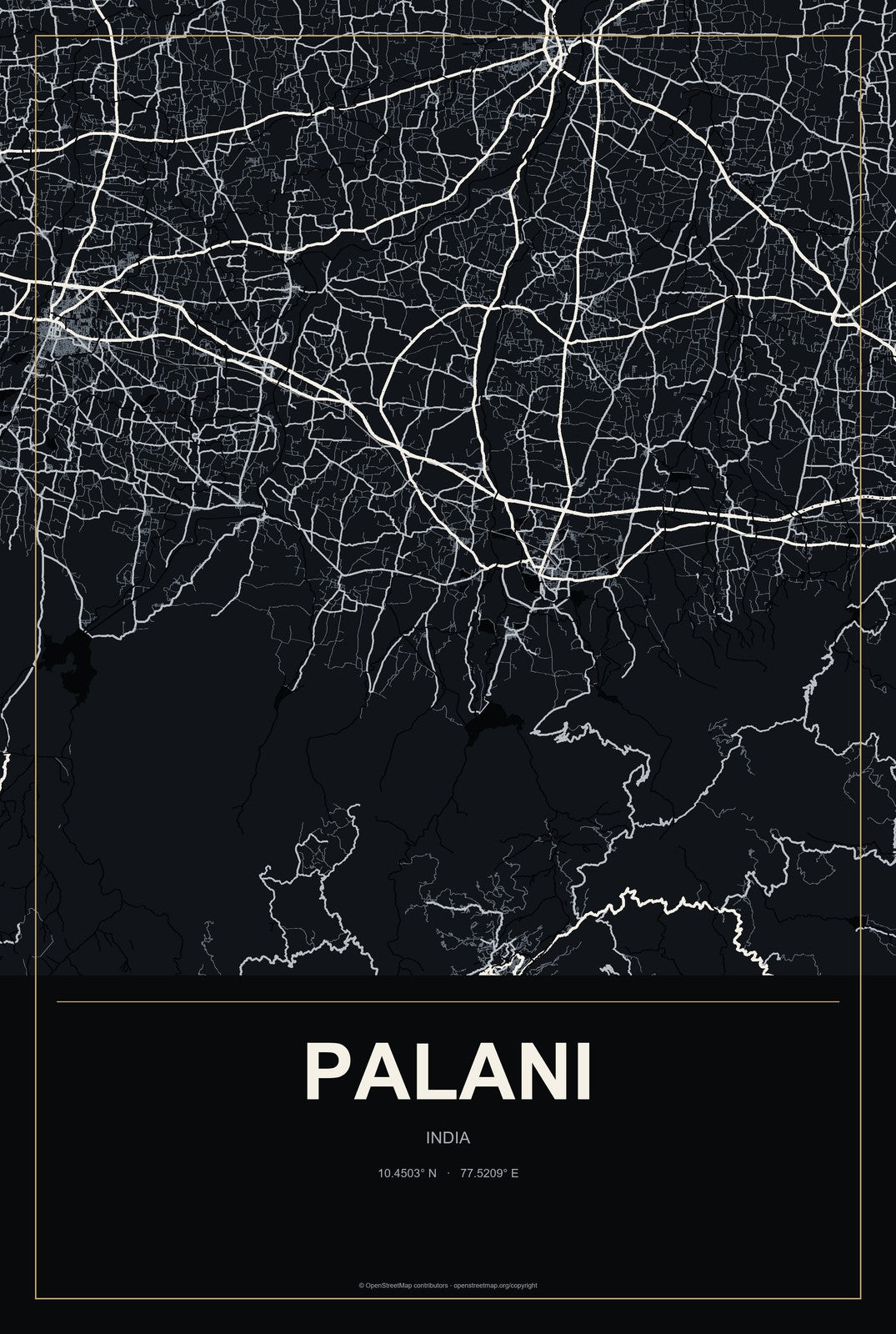 Palani, India City Map Aluminum Sign in Metropolitan Noir style