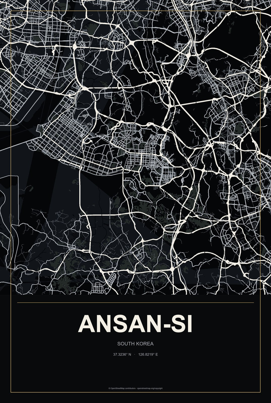 Ansan-si, South Korea City Map Aluminum Sign in Metropolitan Noir style