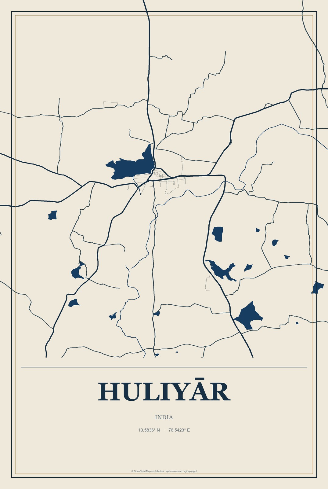 Huliyār, India City Map Aluminum Sign in Coastal Cutout style