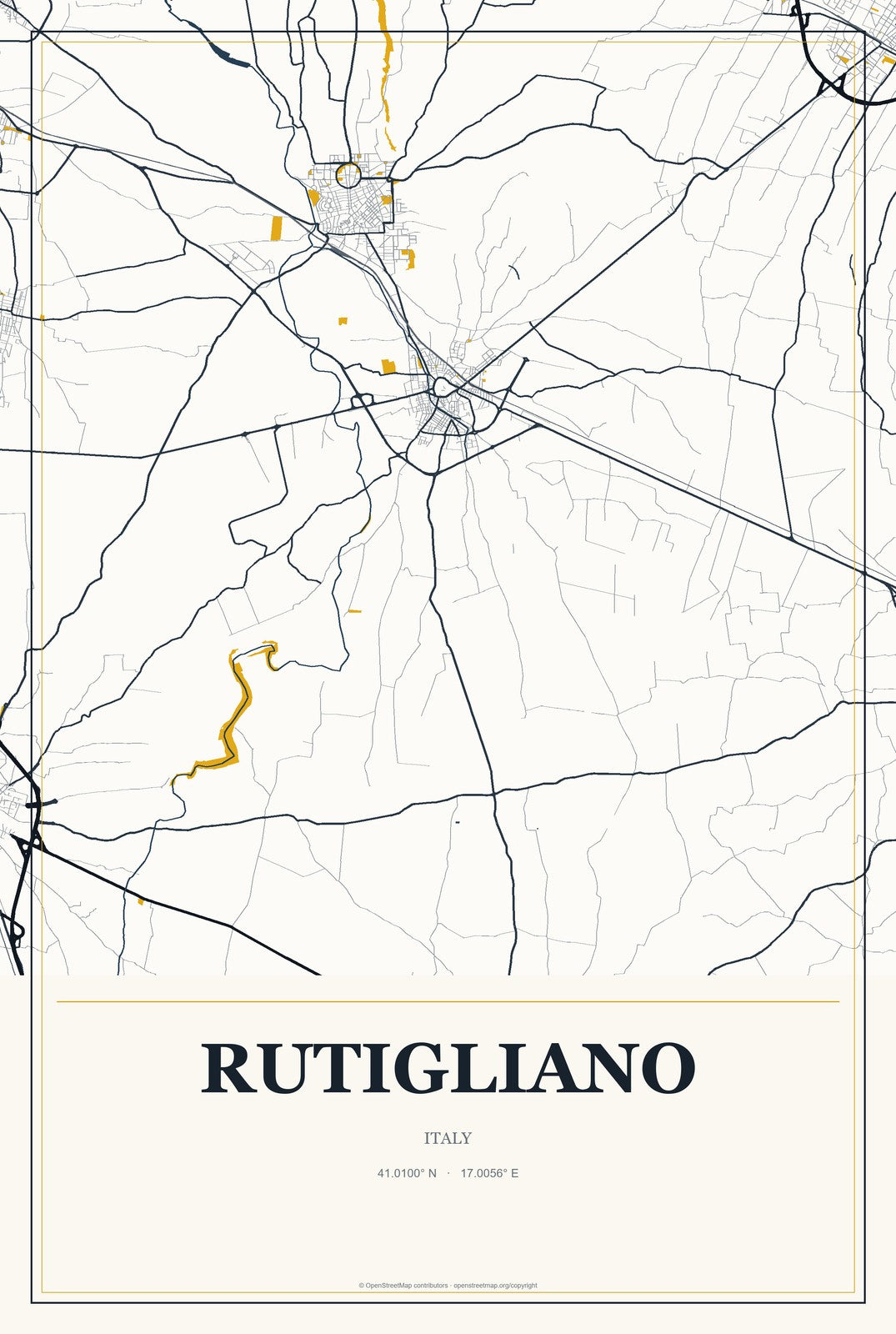 Rutigliano, Italy City Map Aluminum Sign in Citrine Modern style