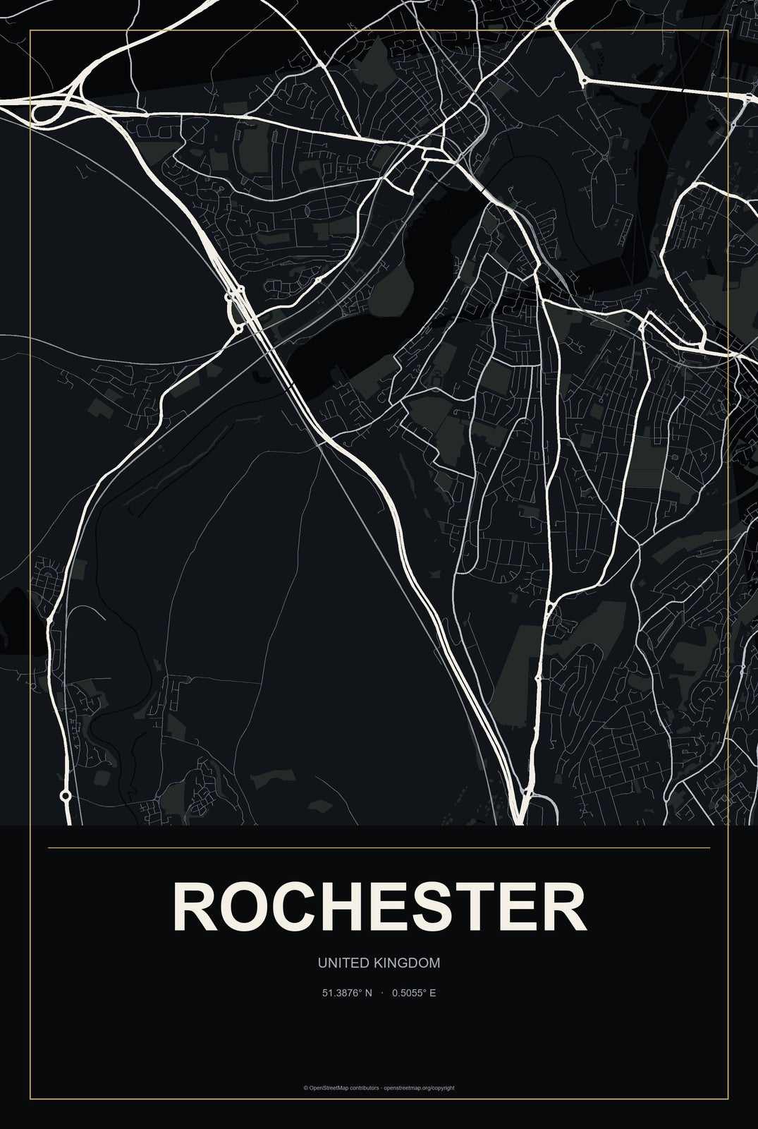 Rochester, United Kingdom City Map Aluminum Sign in Metropolitan Noir style