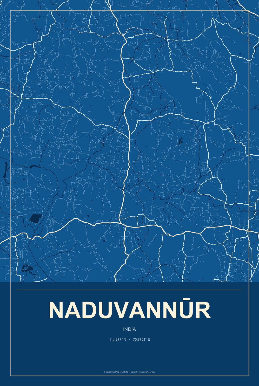 Naduvannūr, India City Map Aluminum Sign in Harbor Cobalt style