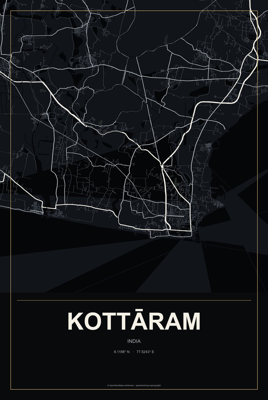 Kottāram, India City Map Aluminum Sign in Metropolitan Noir style
