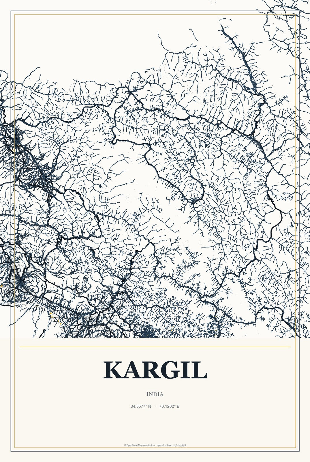 Kargil, India City Map Aluminum Sign in Citrine Modern style
