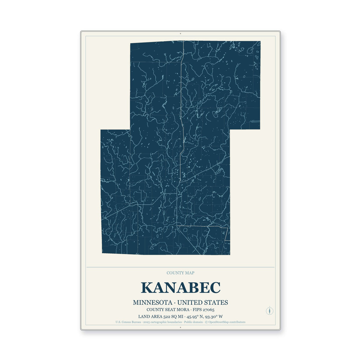 Kanabec County, Minnesota Map Aluminum Sign in Coastal Cutout style