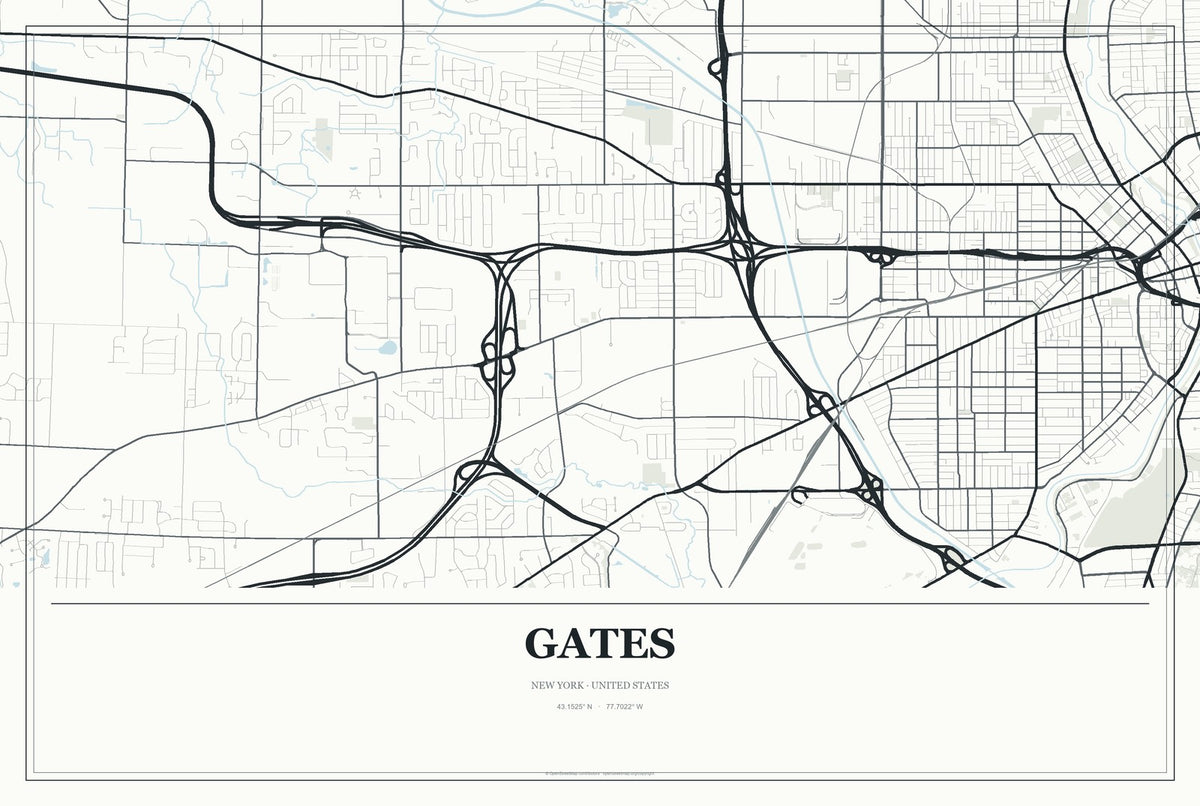 Gates, New York City Map Aluminum Sign in Gallery Air style