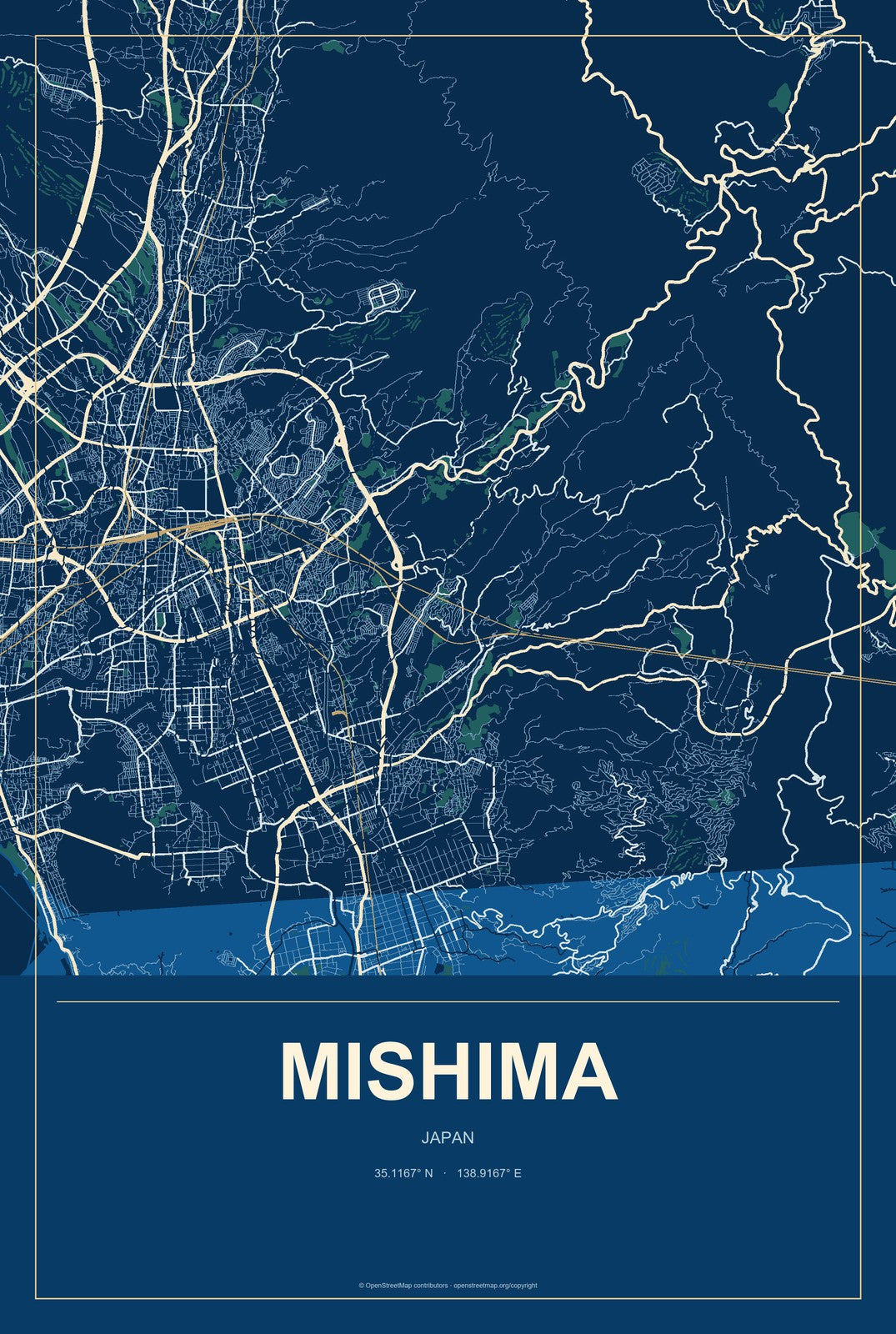 Mishima, Japan City Map Aluminum Sign in Harbor Cobalt style