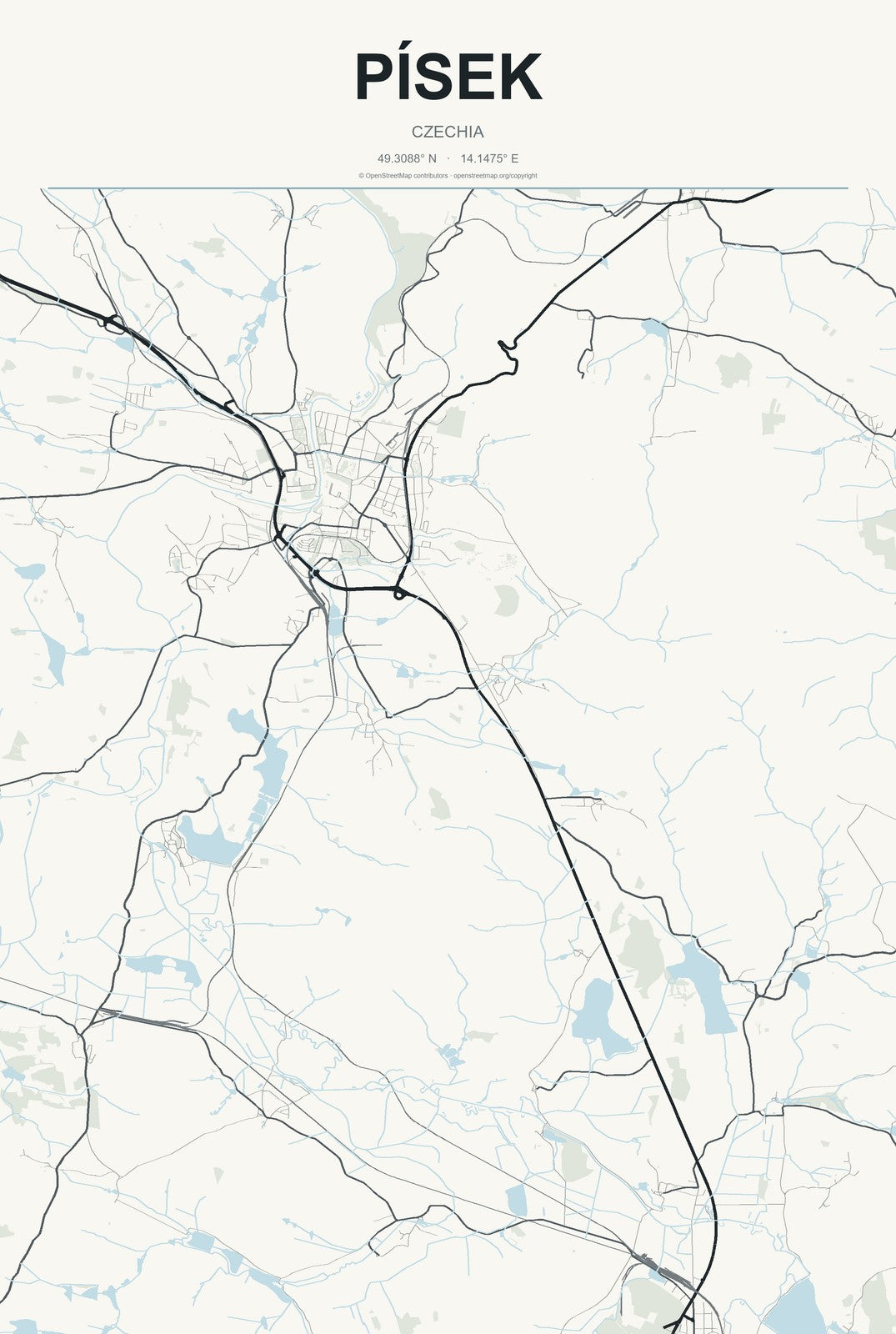 Písek, Czechia City Map Aluminum Sign in Headline Atlas style