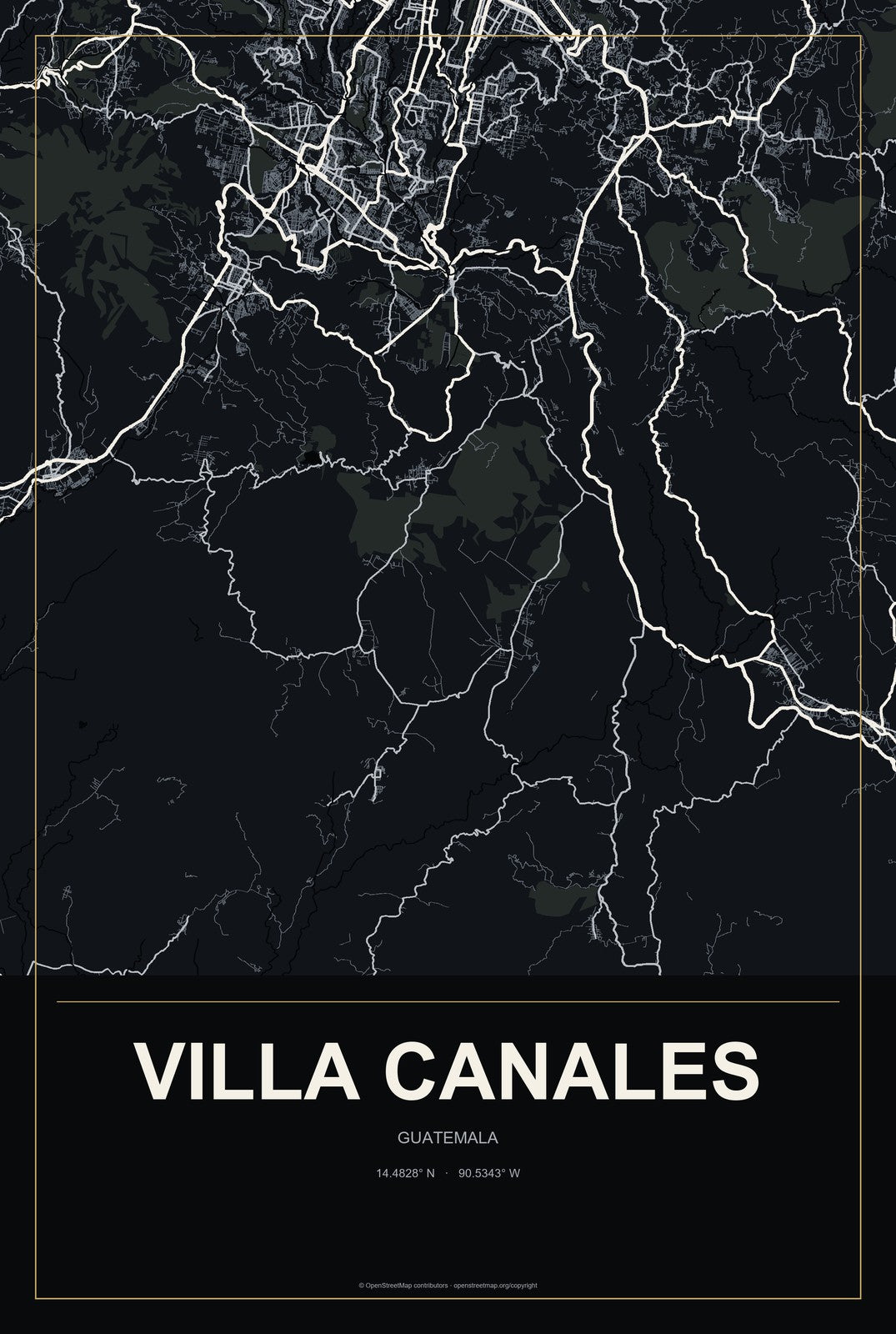 Villa Canales, Guatemala City Map Aluminum Sign in Metropolitan Noir style