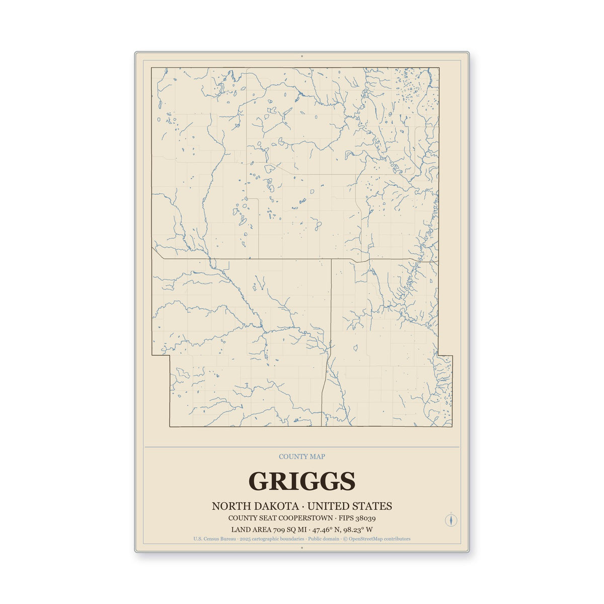 Griggs County, North Dakota Map Aluminum Sign in Heritage Nautical style