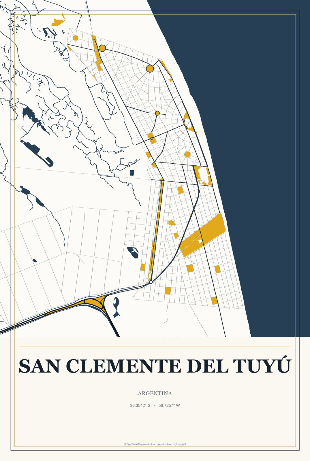 San Clemente del Tuyú, Argentina City Map Aluminum Sign in Citrine Modern style