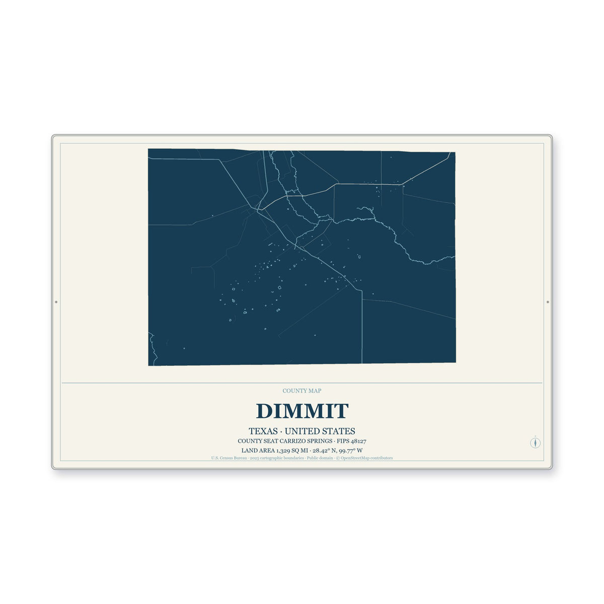 Dimmit County, Texas Map Aluminum Sign in Coastal Cutout style