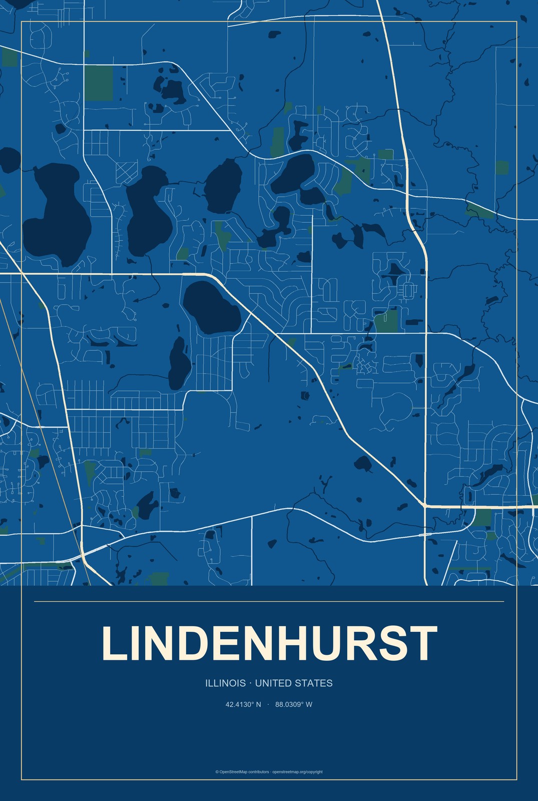 Lindenhurst, Illinois City Map Aluminum Sign in Harbor Cobalt style