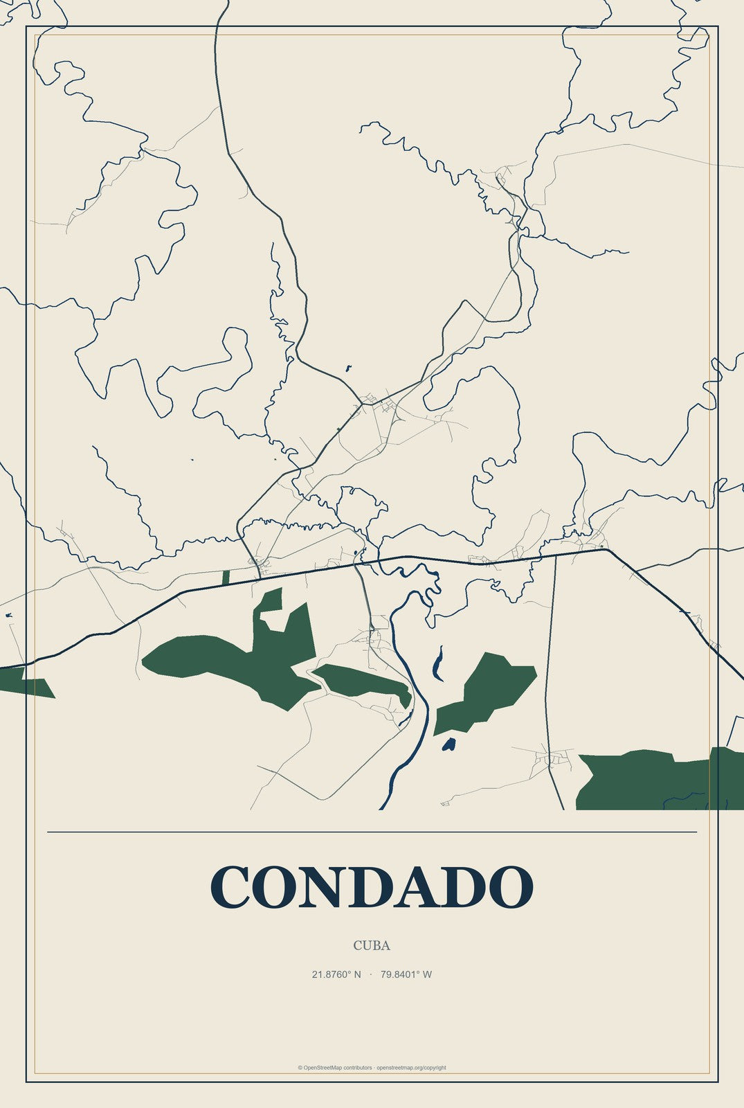Condado, Cuba City Map Aluminum Sign in Coastal Cutout style