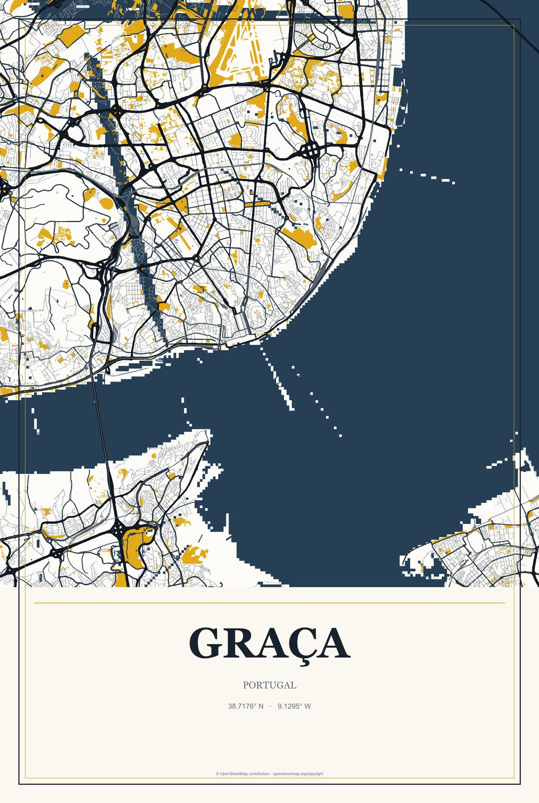 Graça, Portugal City Map Aluminum Sign in Citrine Modern style
