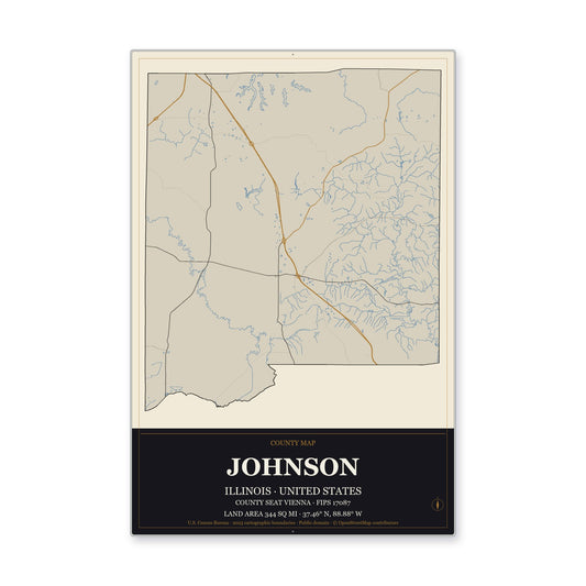 Johnson County, Illinois Map Aluminum Sign in Museum Plaque style