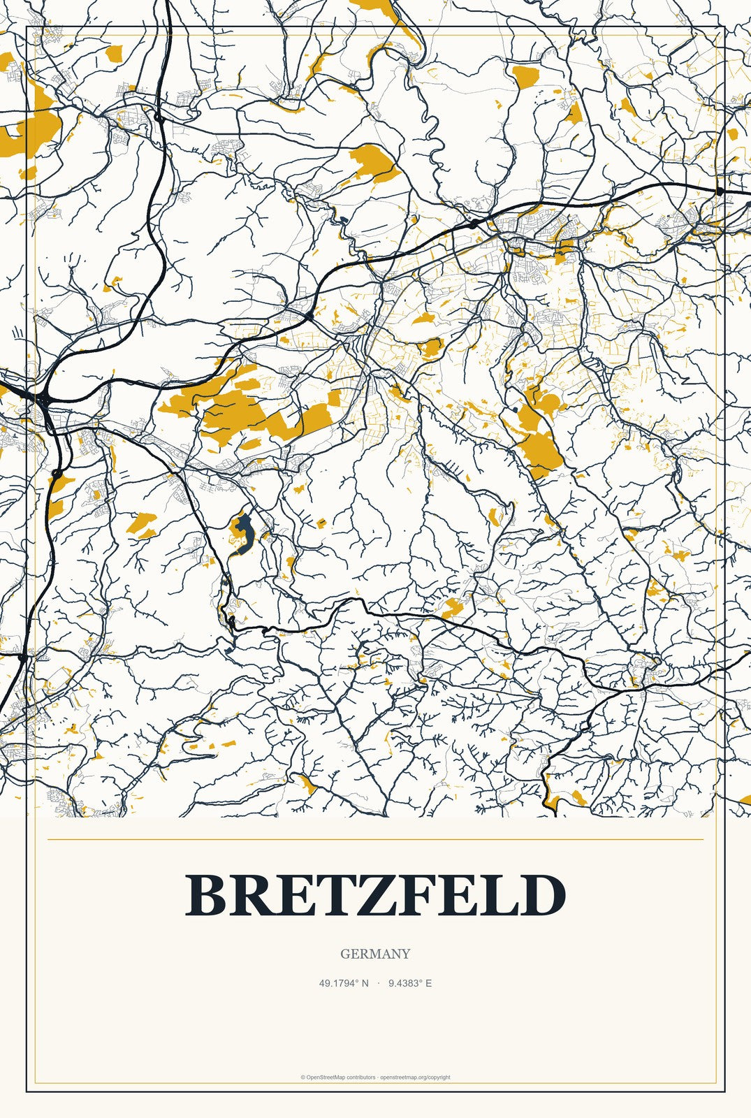 Bretzfeld, Germany City Map Aluminum Sign in Citrine Modern style