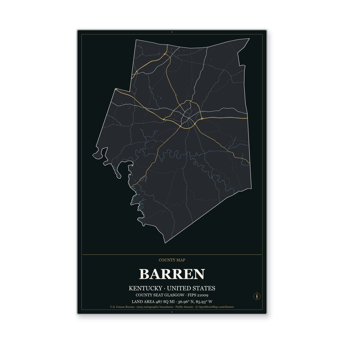 Barren County, Kentucky Map Aluminum Sign in Metropolitan Noir style