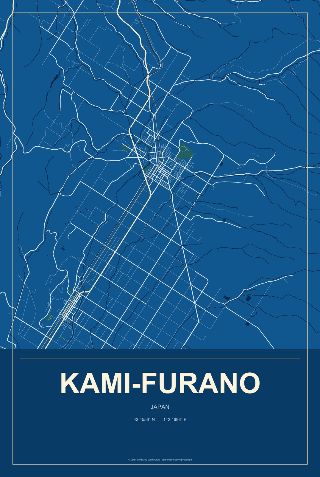 Kami-furano, Japan City Map Aluminum Sign in Harbor Cobalt style