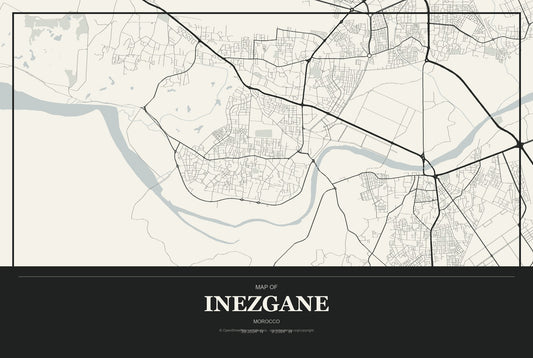 Inezgane, Morocco City Map Aluminum Sign in Museum Plaque style