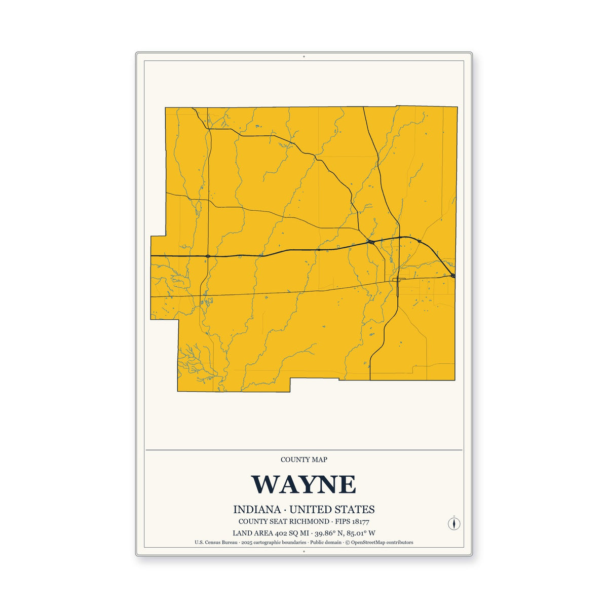 Wayne County, Indiana Map Aluminum Sign in Citrine Modern style