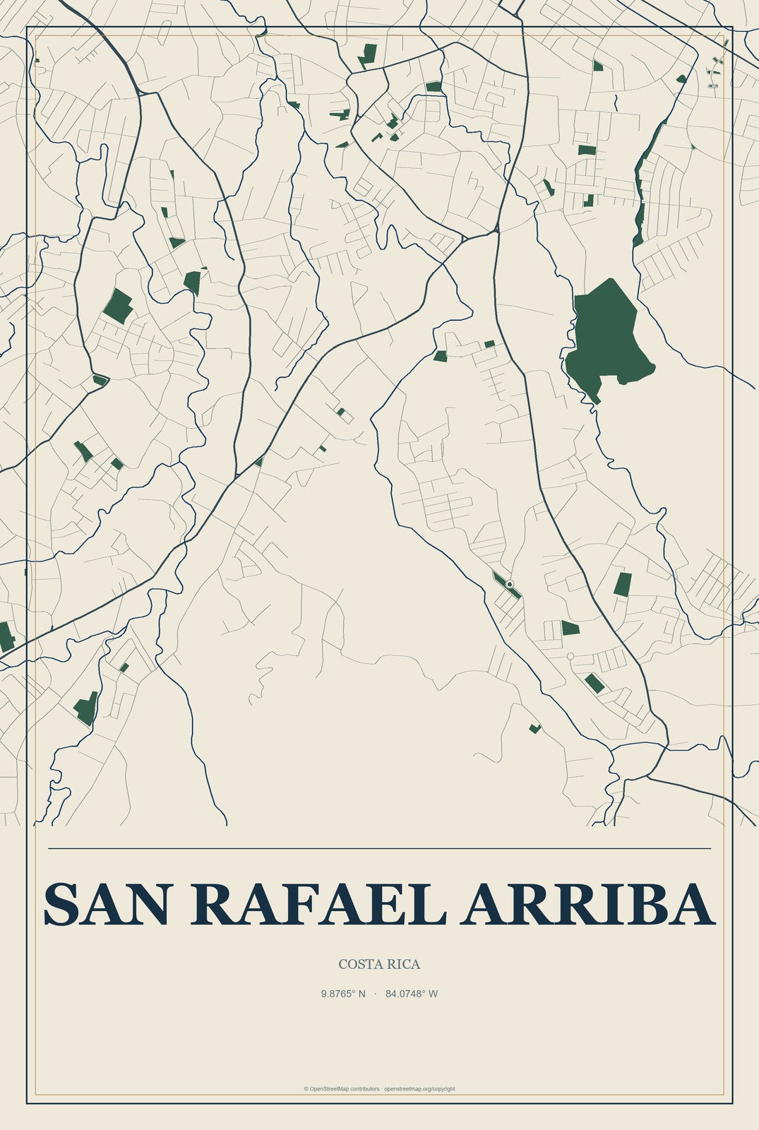 San Rafael Arriba, Costa Rica City Map Aluminum Sign in Coastal Cutout style