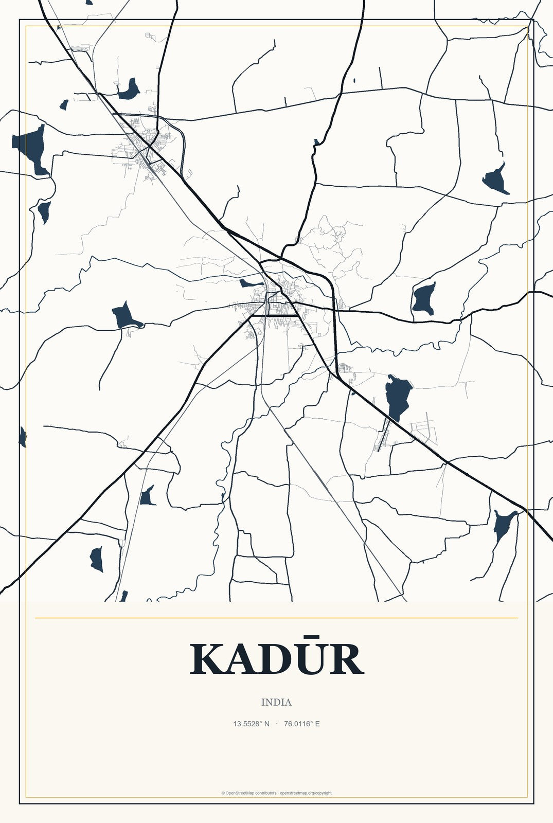 Kadūr, India City Map Aluminum Sign in Citrine Modern style