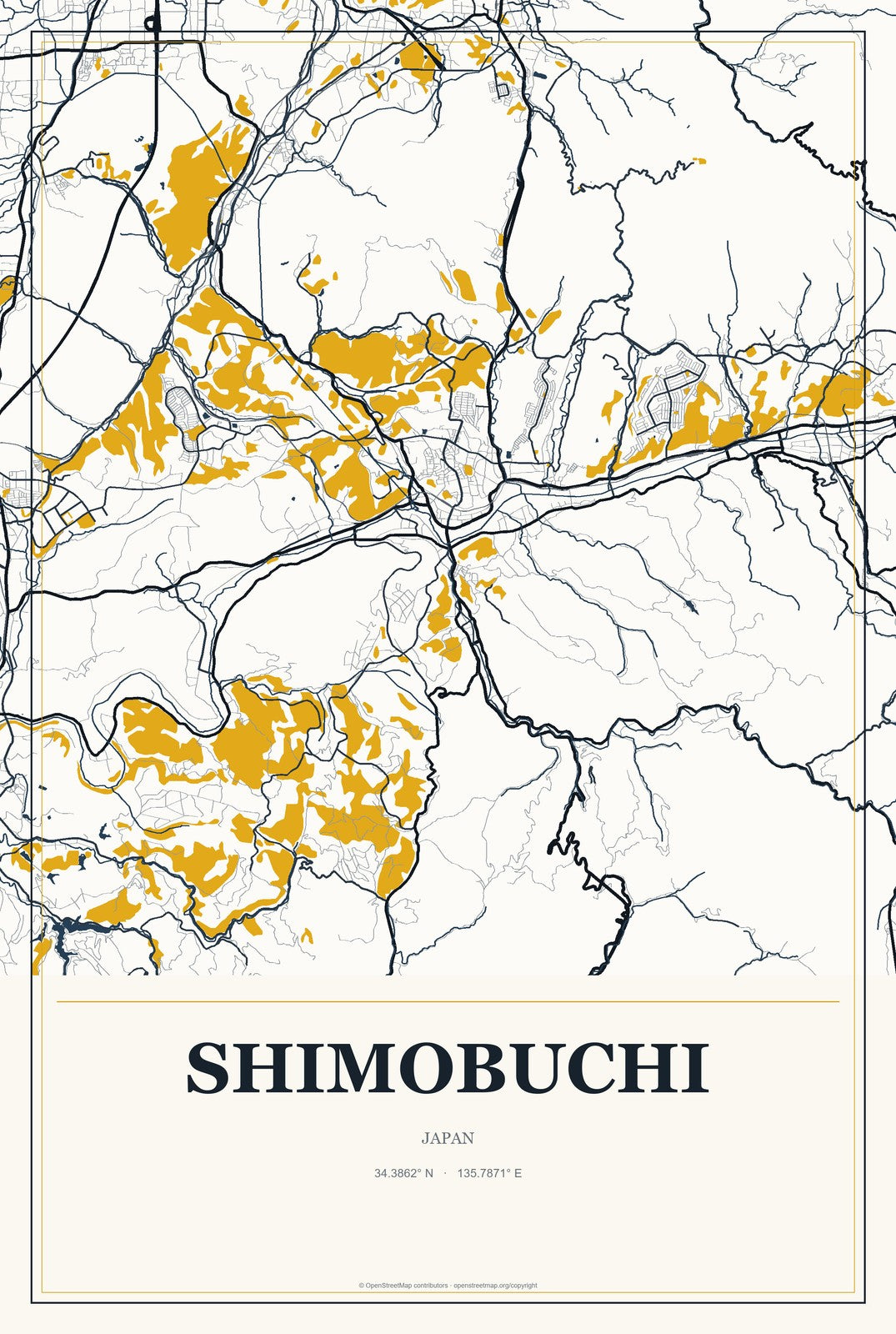 Shimobuchi, Japan City Map Aluminum Sign in Citrine Modern style