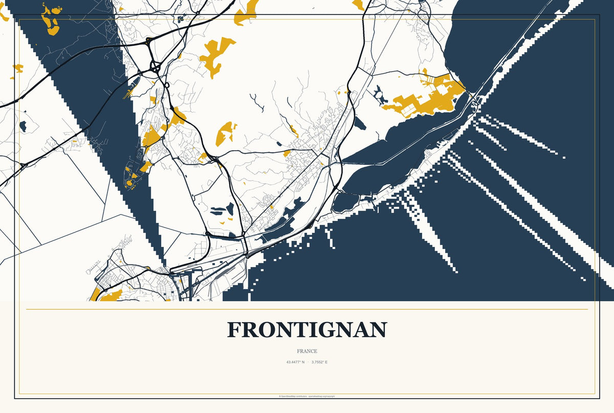 Frontignan, France City Map Aluminum Sign in Citrine Modern style
