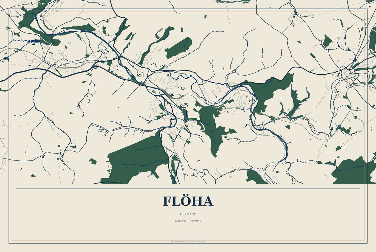 Flöha, Germany City Map Aluminum Sign in Coastal Cutout style