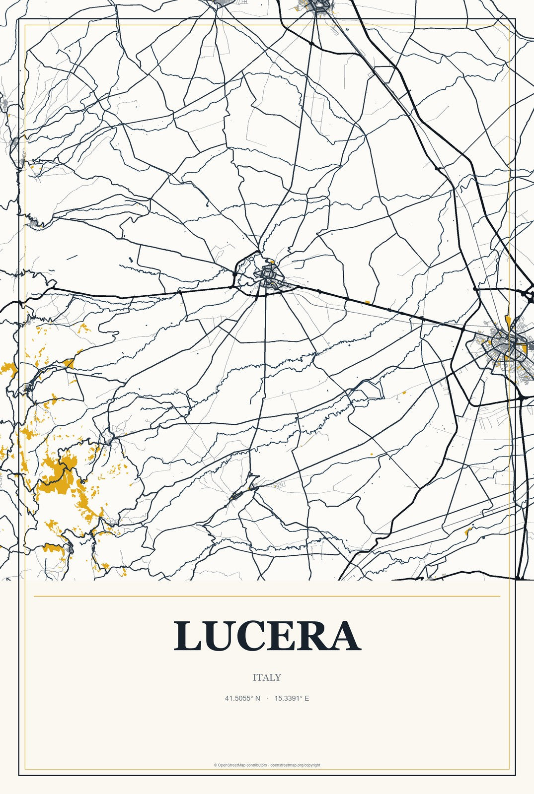Lucera, Italy City Map Aluminum Sign in Citrine Modern style